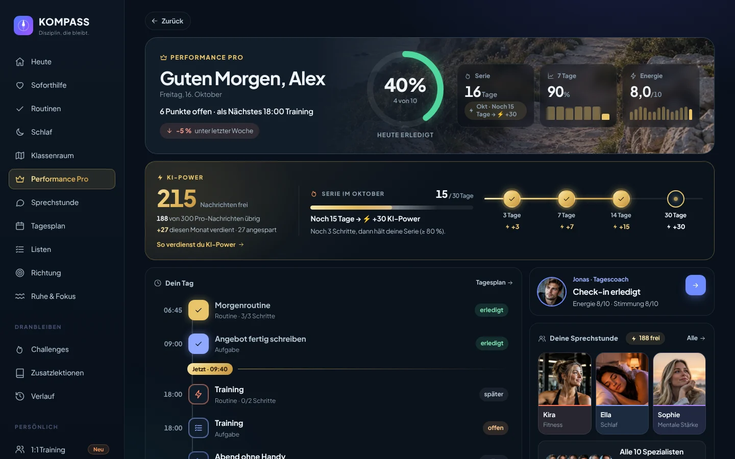 Echte Desktopansicht der KOMPASS-App: Performance Pro mit Tageswert, KI-Power und Dein Tag.